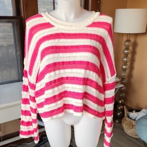 89th & Madison Pink and Cream Crew Neck Stripe Pointelle Stitch Pullover NWT XL